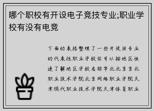 哪个职校有开设电子竞技专业;职业学校有没有电竞